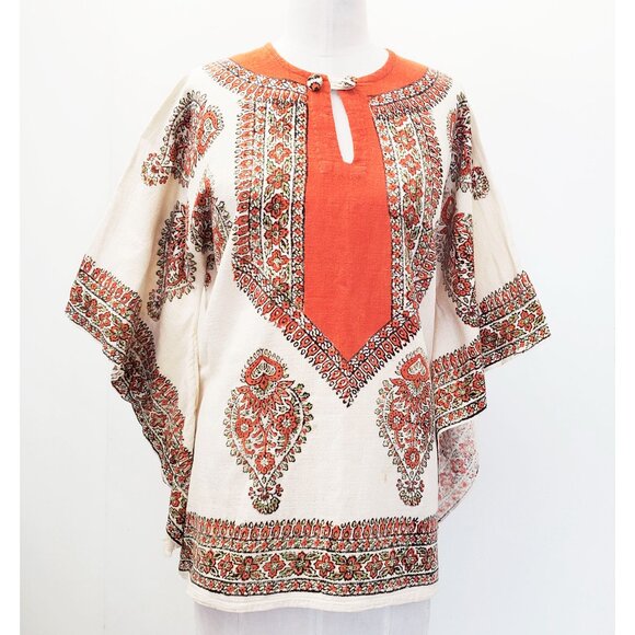 Vintage Dashiki 1970s Orange Natural Cotton Bell Sleeves Top Tunic Shirt Blouse - Picture 3 of 10